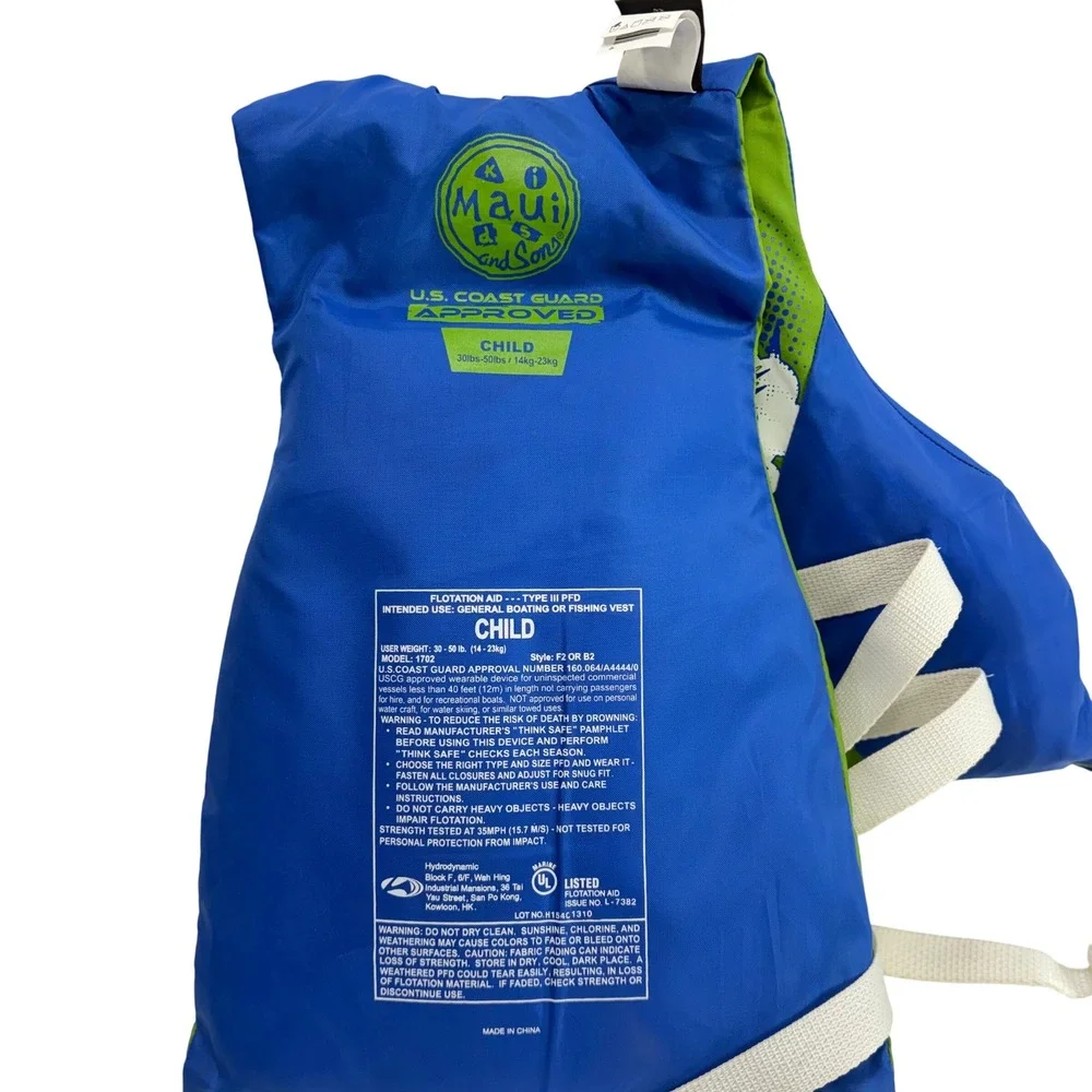 Maui Sons Child Life Vest PFD 30-50 lbs Blue Green USCG Approved Type III 1702